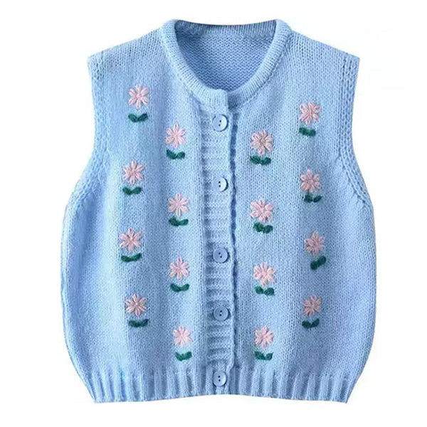 Flower Embroidery Blue Knit Vest - Vedlit