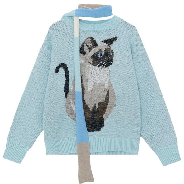 Fluffy Siamese Cat Print Jumper - Vedlit