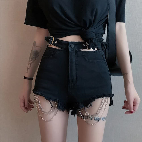 Frayed Hem Darkness Denim Shorts - Vedlit