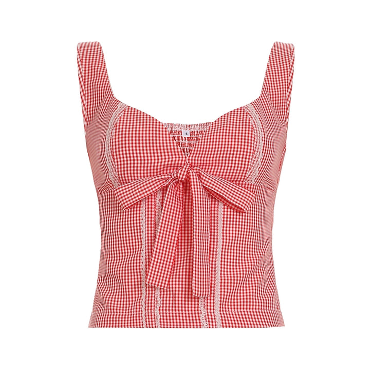 Gingham Bow Lace Trim Corset Top – Red Vintage Style - Vedlit
