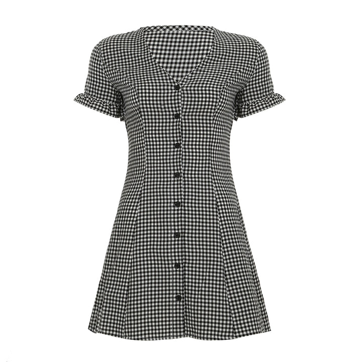 Gingham Button-Down Mini Dress with Ruffle Sleeves - Vedlit