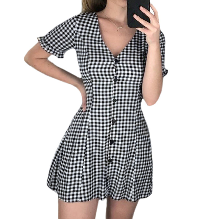 Gingham Button-Down Mini Dress with Ruffle Sleeves - Vedlit