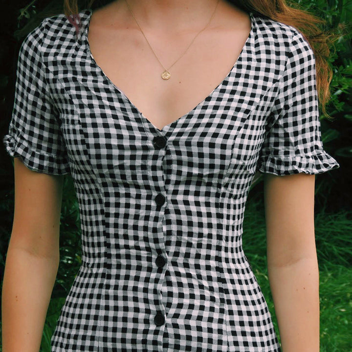 Gingham Button-Down Mini Dress with Ruffle Sleeves - Vedlit