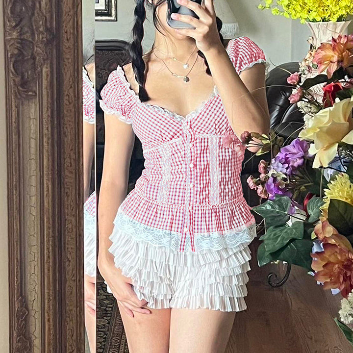 Gingham Lace Trim Corset Top with Puff Sleeves - Vedlit