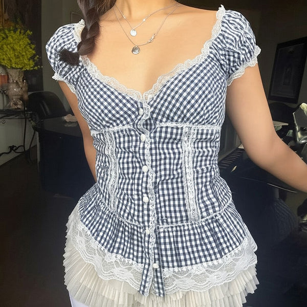 Gingham Lace Trim Corset Top with Puff Sleeves - Vedlit