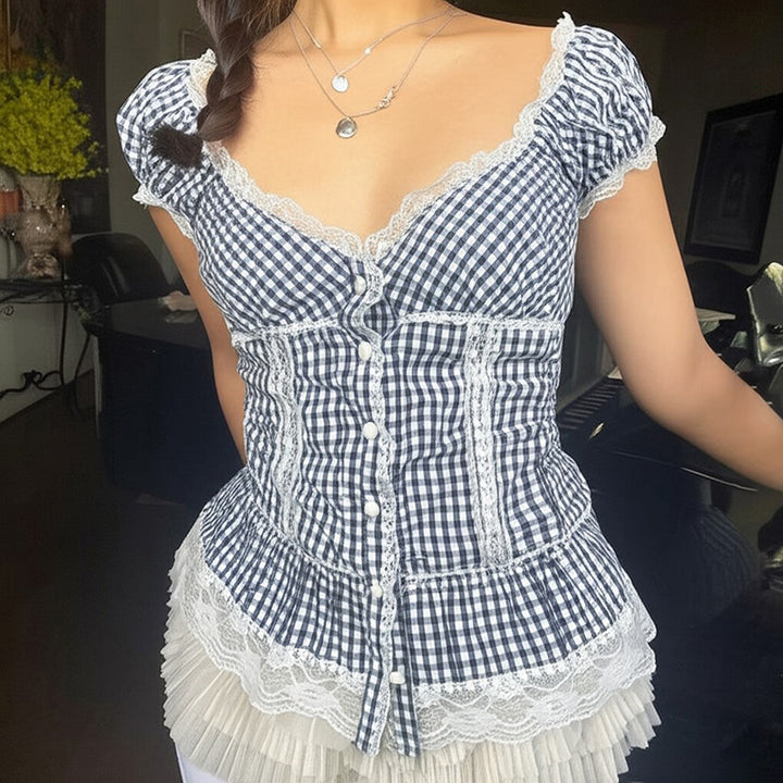 Gingham Lace Trim Corset Top with Puff Sleeves - Vedlit