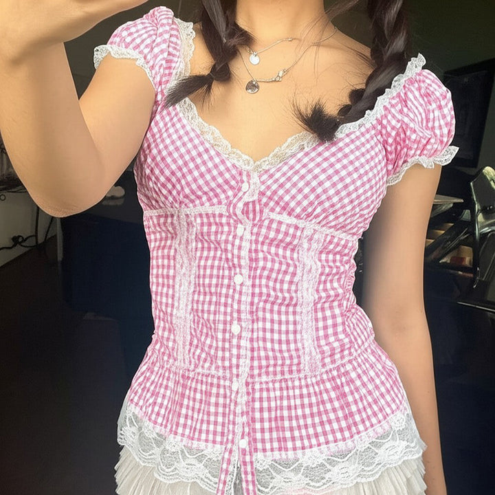 Gingham Lace Trim Corset Top with Puff Sleeves - Vedlit