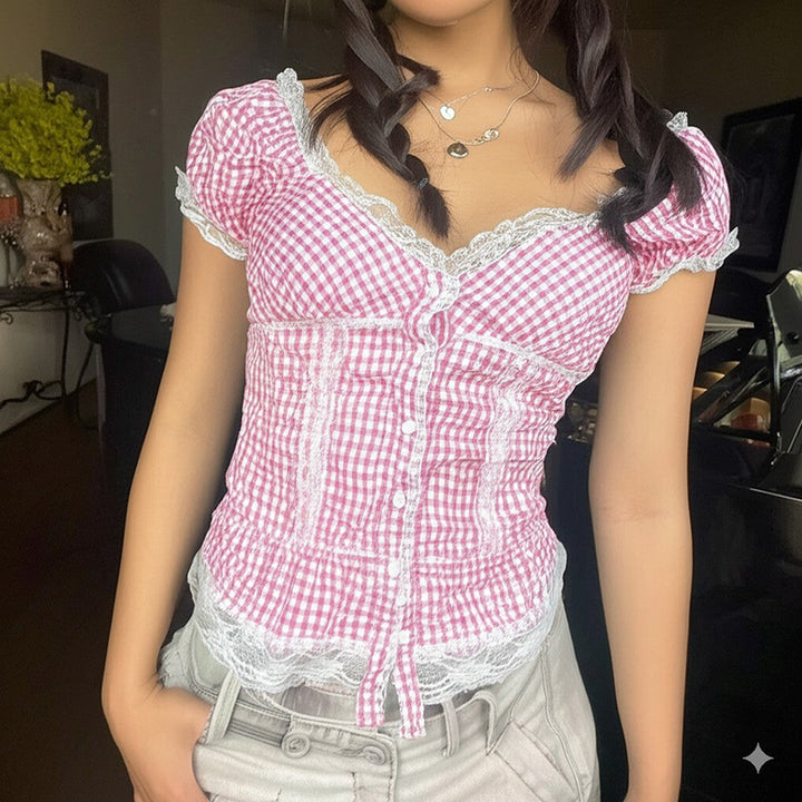 Gingham Lace Trim Corset Top with Puff Sleeves - Vedlit