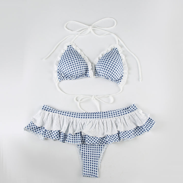 Gingham Ruffle Trim Halter Bikini Set Vintage Swimwear - Vedlit
