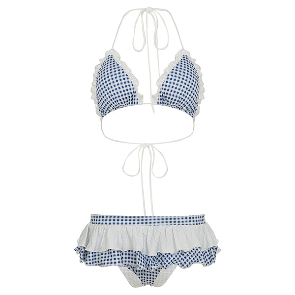 Gingham Ruffle Trim Halter Bikini Set Vintage Swimwear - Vedlit