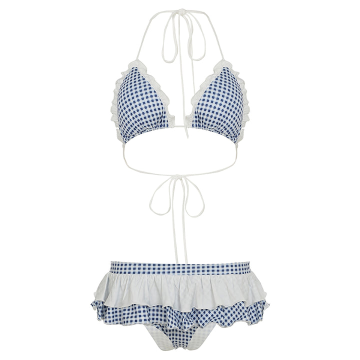 Gingham Ruffle Trim Halter Bikini Set Vintage Swimwear - Vedlit