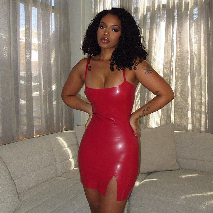 Glossy Bodycon Latex Mini Dress with Spaghetti Straps - Vedlit