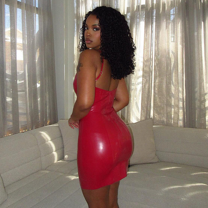Glossy Bodycon Latex Mini Dress with Spaghetti Straps - Vedlit