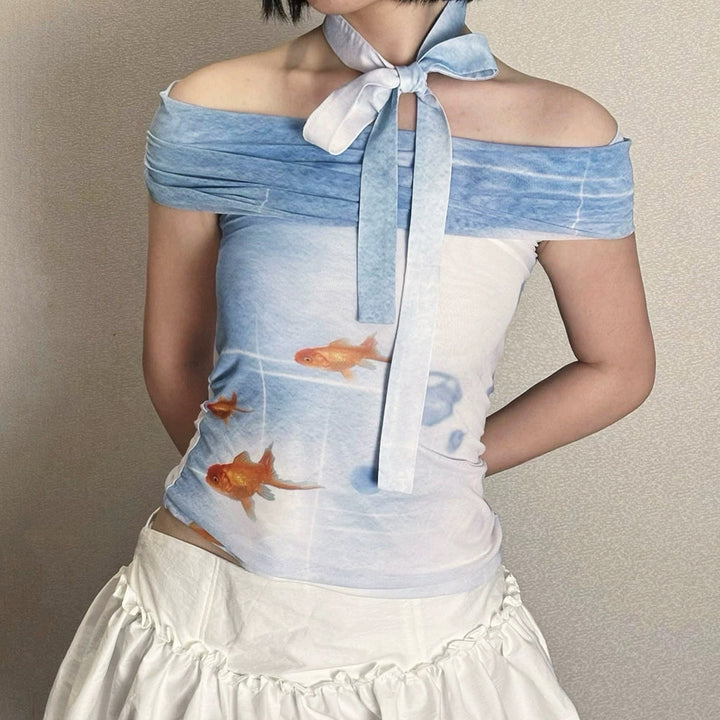 Goldfish Print Off-Shoulder Top - Vedlit