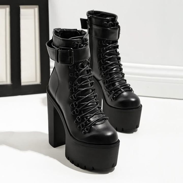 Goth Buckle Strap Platform Ankle Boots - Vedlit