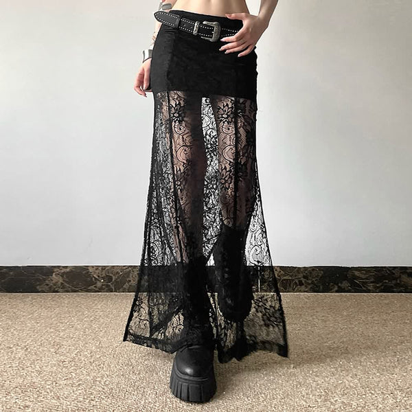 Goth Coquette Lace Slit Side Maxi Skirt - Vedlit