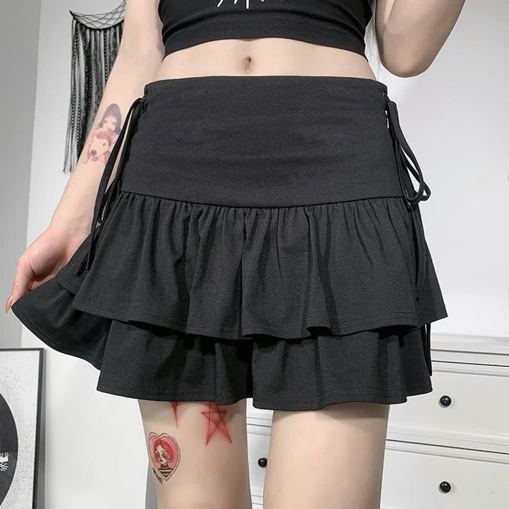 Goth Eyelet Lace Up Tiered Mini Skirt - Vedlit