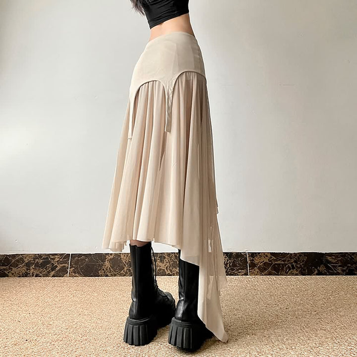 Goth Mesh High Low Slit Midi Skirt - Vedlit