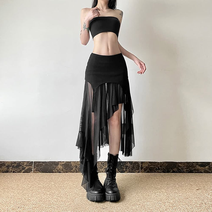 Goth Mesh High Low Slit Midi Skirt - Vedlit