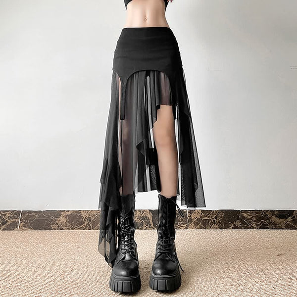 Goth Mesh High Low Slit Midi Skirt - Vedlit