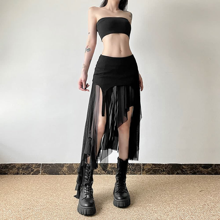 Goth Mesh High Low Slit Midi Skirt - Vedlit