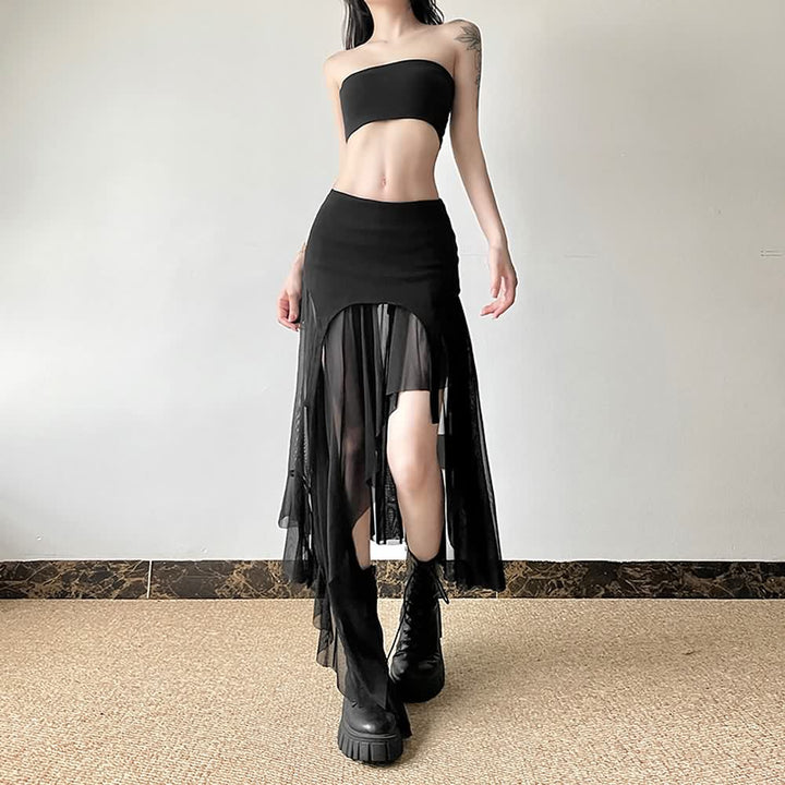 Goth Mesh High Low Slit Midi Skirt - Vedlit