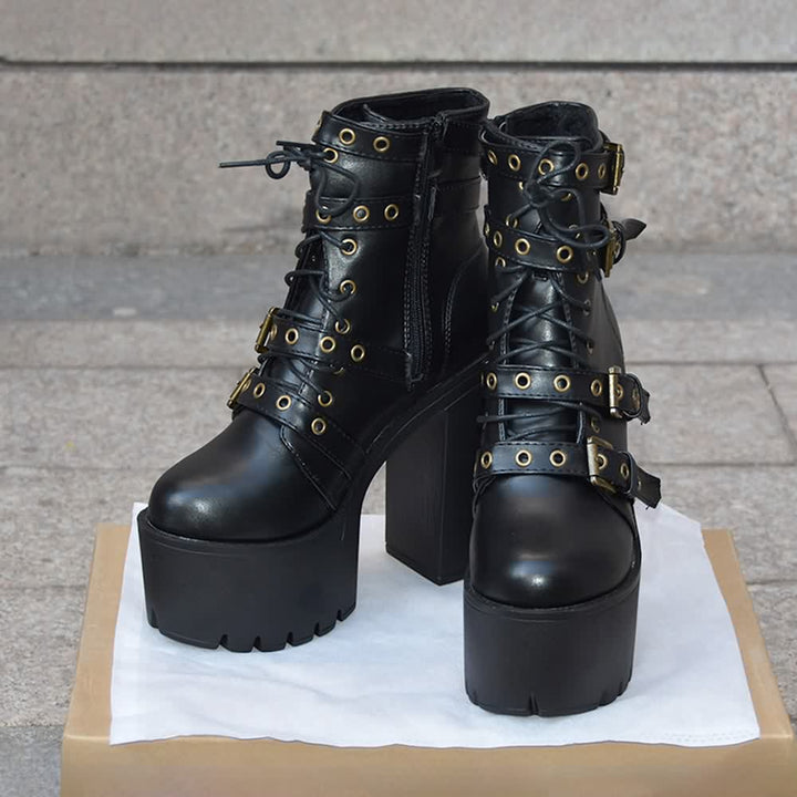 Goth Punk Buckle Strap Platform Ankle Boots - Vedlit