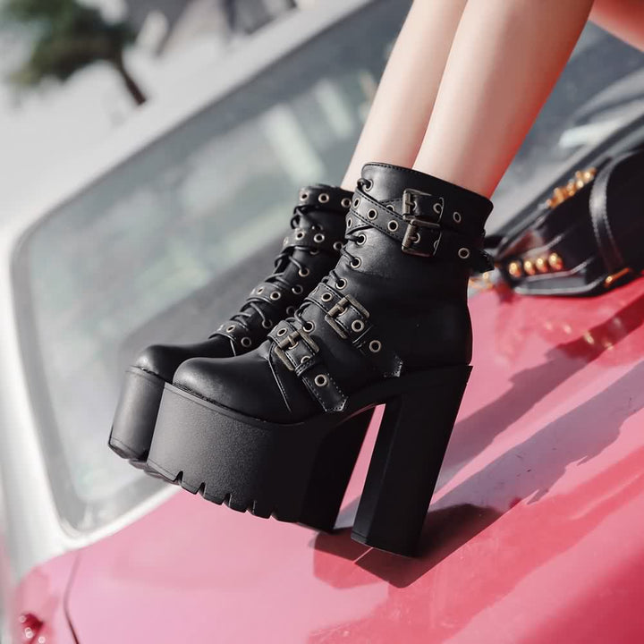 Goth Punk Buckle Strap Platform Ankle Boots - Vedlit