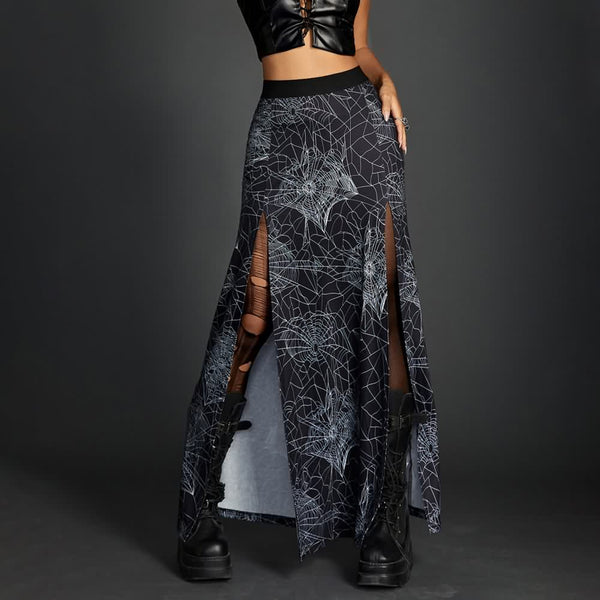 Goth Spider Web Slit Maxi Skirt - Vedlit