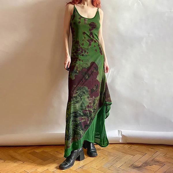 Gothic Abstract Green Mesh Maxi Dress - Vedlit