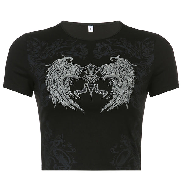 Gothic Angel Wing Graphic Baby Tee Crop Top - Vedlit
