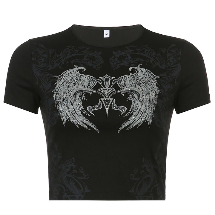 Gothic Angel Wing Graphic Baby Tee Crop Top - Vedlit