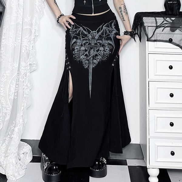 Gothic Bat Skull Cross Lace Up Slit Maxi Skirt - Vedlit