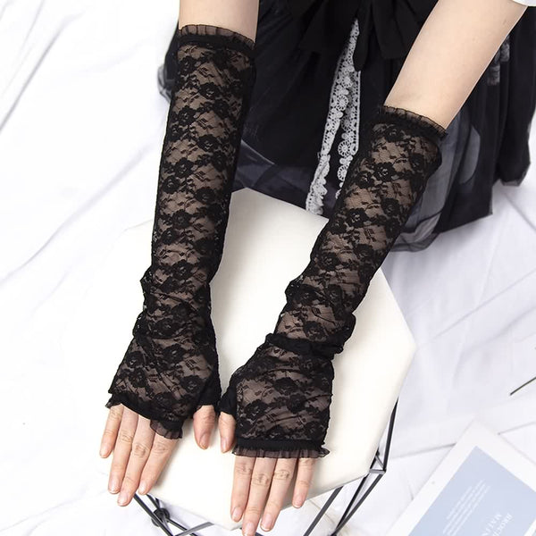 Gothic Black Flower Lace Fingerless Gloves - Vedlit