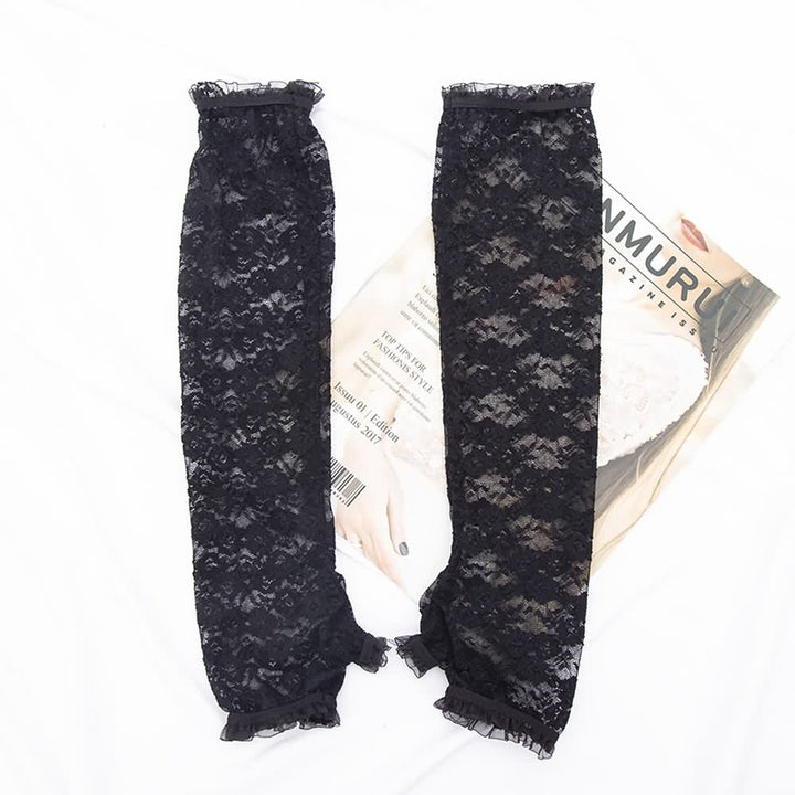 Gothic Black Flower Lace Fingerless Gloves - Vedlit