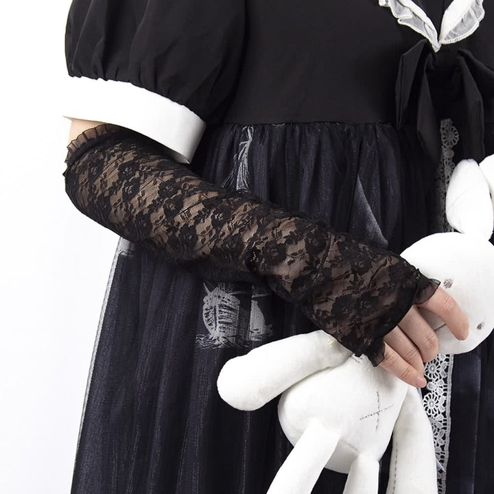 Gothic Black Flower Lace Fingerless Gloves - Vedlit