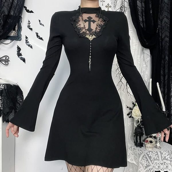 Gothic Black Lace Dress with Cross Detail and Flared Sleeves - Vedlit