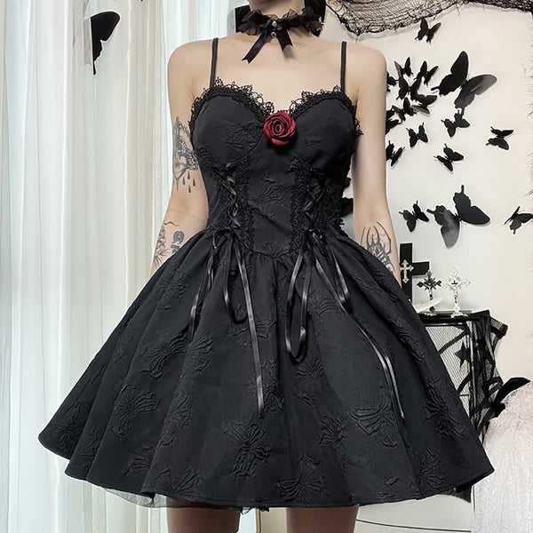 Gothic Butterfly Lace Up Tie Front Short Dress - Vedlit