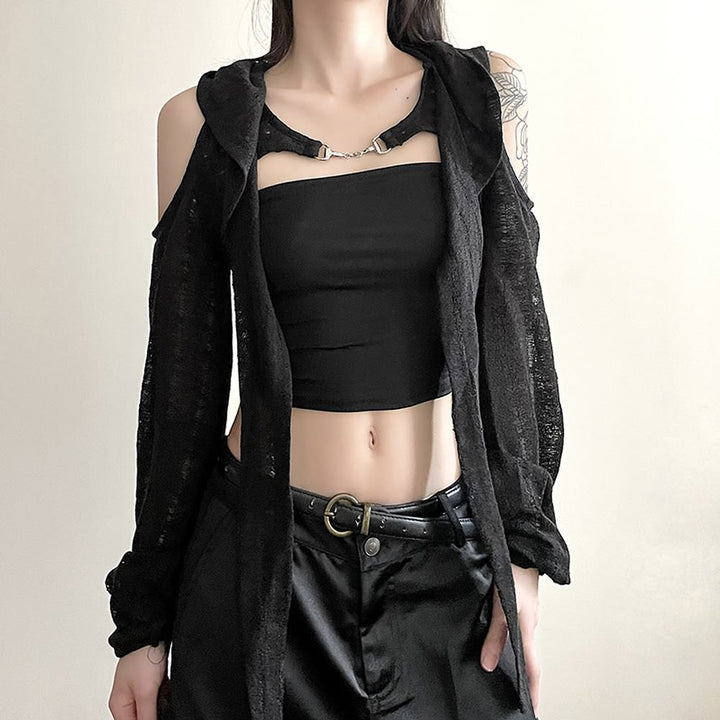 Gothic Cold Shoulder Hooded Shrug Top - Vedlit