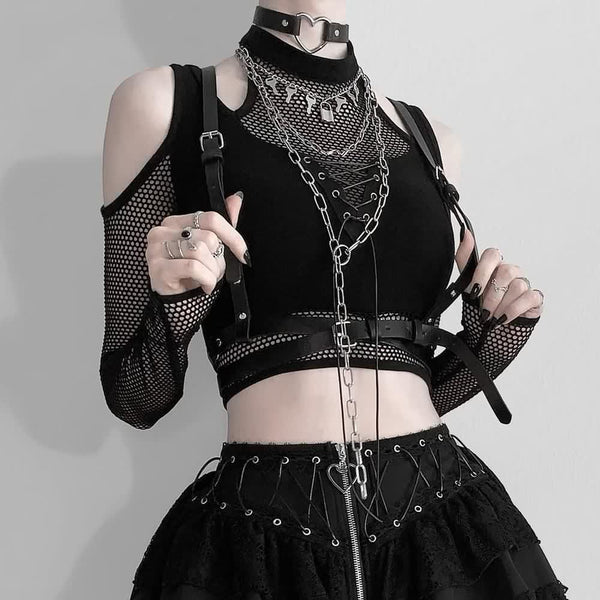 Gothic Cold Shoulder Mesh Sleeve Crop Top - Vedlit