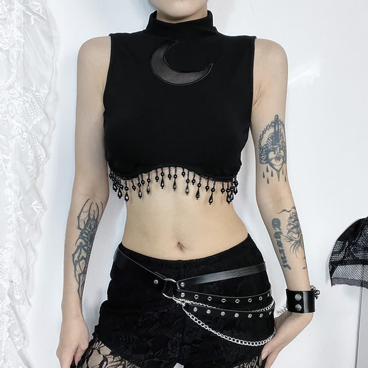 Gothic Crescent Moon Fringe Hem Crop Tank Top - Vedlit