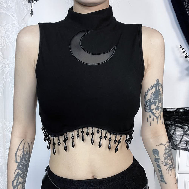 Gothic Crescent Moon Fringe Hem Crop Tank Top - Vedlit