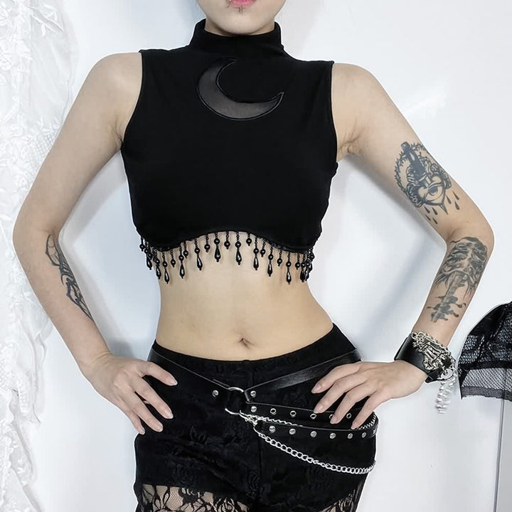 Gothic Crescent Moon Fringe Hem Crop Tank Top - Vedlit