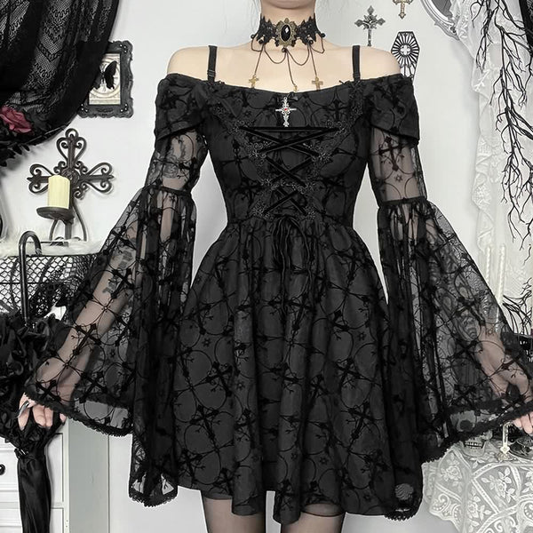 Gothic Cross Open Shoulder Long Sleeve Mini Dress - Vedlit