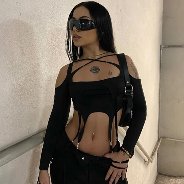 Gothic Cut Out Cold Shoulder Long Sleeve Crop Top - Vedlit