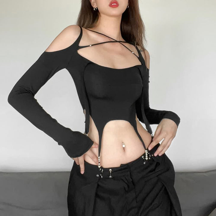 Gothic Cut Out Cold Shoulder Long Sleeve Crop Top - Vedlit