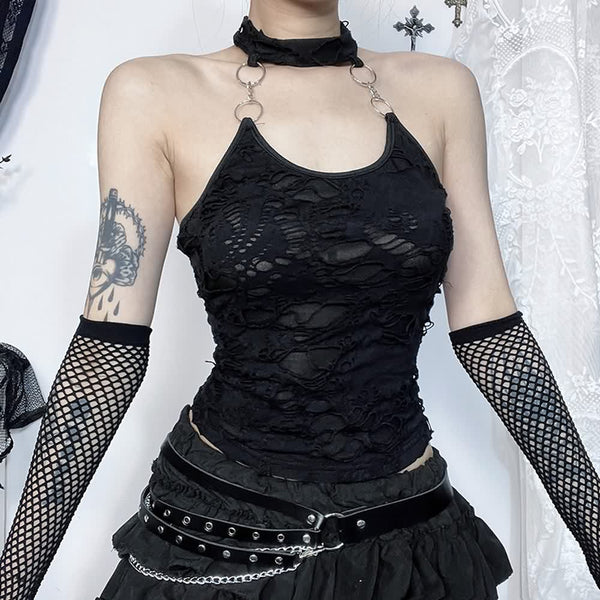 Gothic Distressed Halter Crop Top - Vedlit