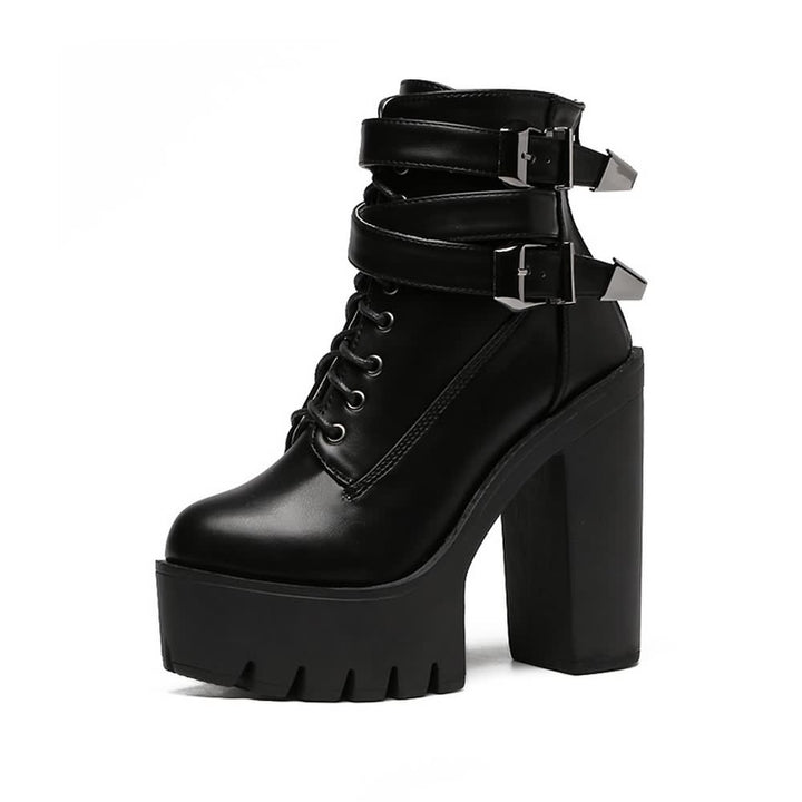 Gothic Double Buckle Strap Lace Up Platform Boots - Vedlit