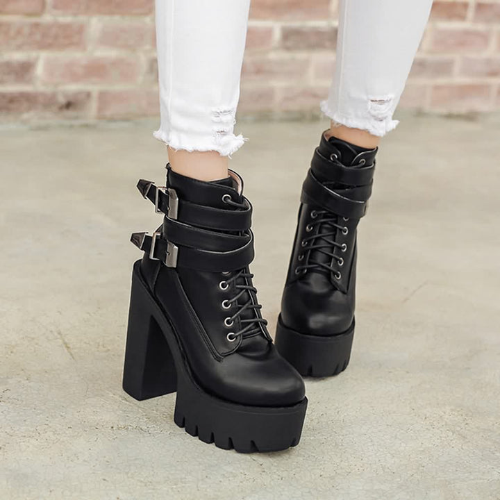 Gothic Double Buckle Strap Lace Up Platform Boots - Vedlit