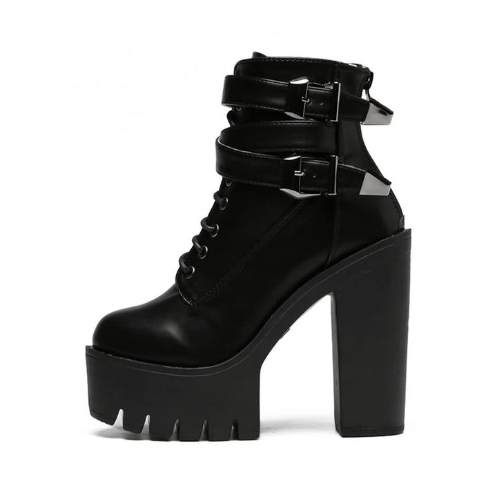 Gothic Double Buckle Strap Lace Up Platform Boots - Vedlit